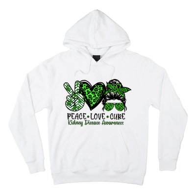 Kidney Disease Awareness Peace Love Cure Green Ribbon Messy Bun Kidney Hoodie