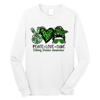 Kidney Disease Awareness Peace Love Cure Green Ribbon Messy Bun Kidney Long Sleeve Shirt