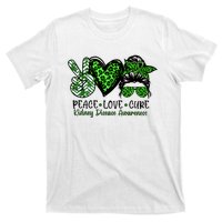 Kidney Disease Awareness Peace Love Cure Green Ribbon Messy Bun Kidney T-Shirt