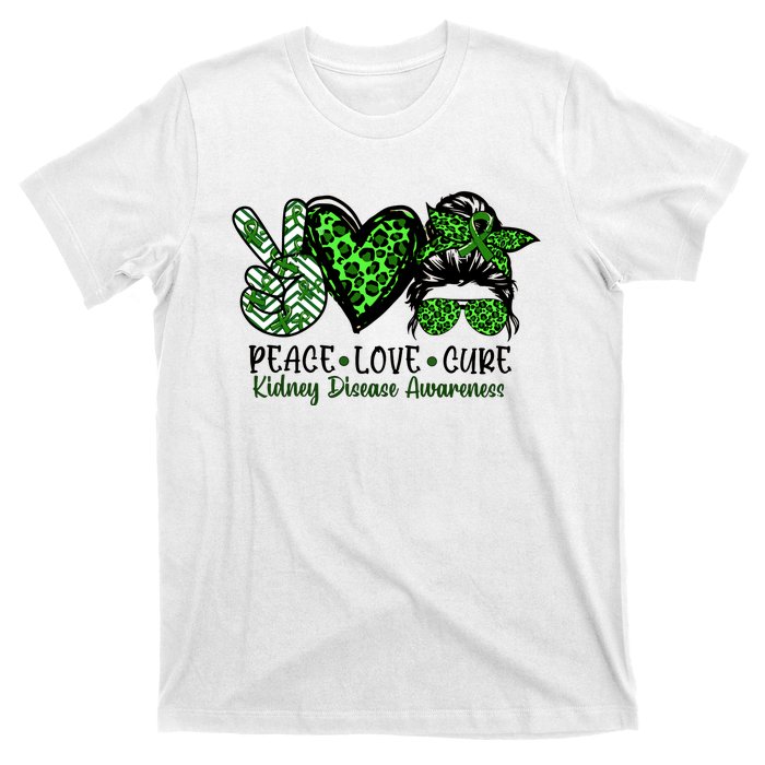 Kidney Disease Awareness Peace Love Cure Green Ribbon Messy Bun Kidney T-Shirt