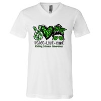 Kidney Disease Awareness Peace Love Cure Green Ribbon Messy Bun Kidney V-Neck T-Shirt