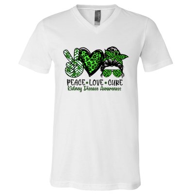 Kidney Disease Awareness Peace Love Cure Green Ribbon Messy Bun Kidney V-Neck T-Shirt