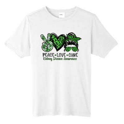 Kidney Disease Awareness Peace Love Cure Green Ribbon Messy Bun Kidney Tall Fusion ChromaSoft Performance T-Shirt