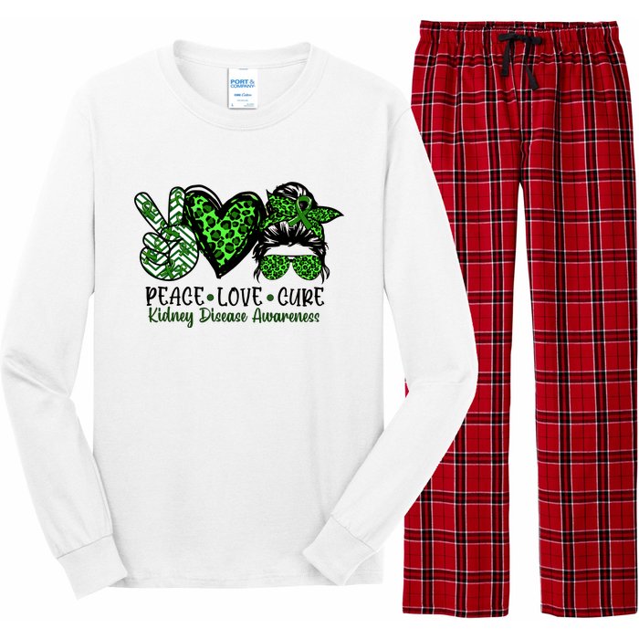 Kidney Disease Awareness Peace Love Cure Green Ribbon Messy Bun Kidney Long Sleeve Pajama Set