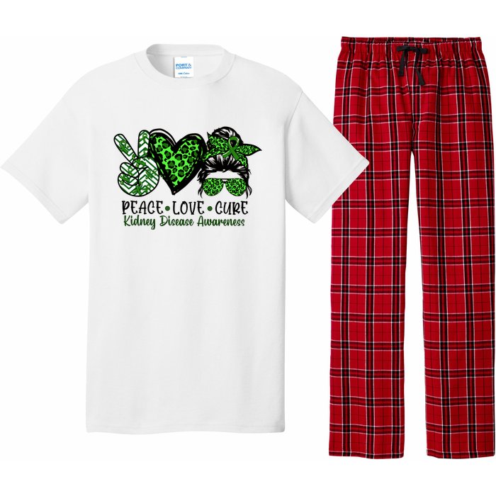 Kidney Disease Awareness Peace Love Cure Green Ribbon Messy Bun Kidney Pajama Set