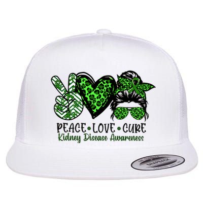 Kidney Disease Awareness Peace Love Cure Green Ribbon Messy Bun Kidney Flat Bill Trucker Hat