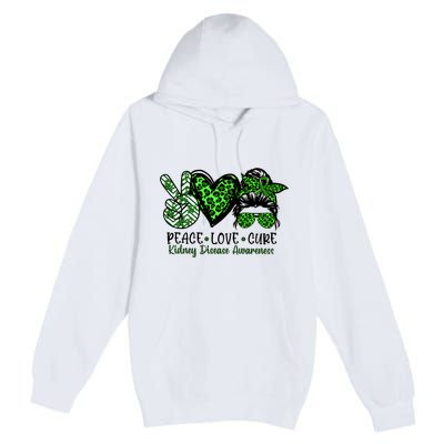 Kidney Disease Awareness Peace Love Cure Green Ribbon Messy Bun Kidney Premium Pullover Hoodie