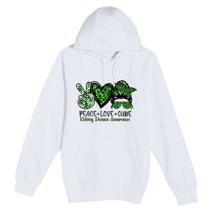 Kidney Disease Awareness Peace Love Cure Green Ribbon Messy Bun Kidney Premium Pullover Hoodie