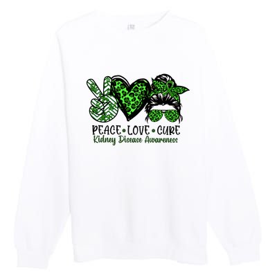 Kidney Disease Awareness Peace Love Cure Green Ribbon Messy Bun Kidney Premium Crewneck Sweatshirt