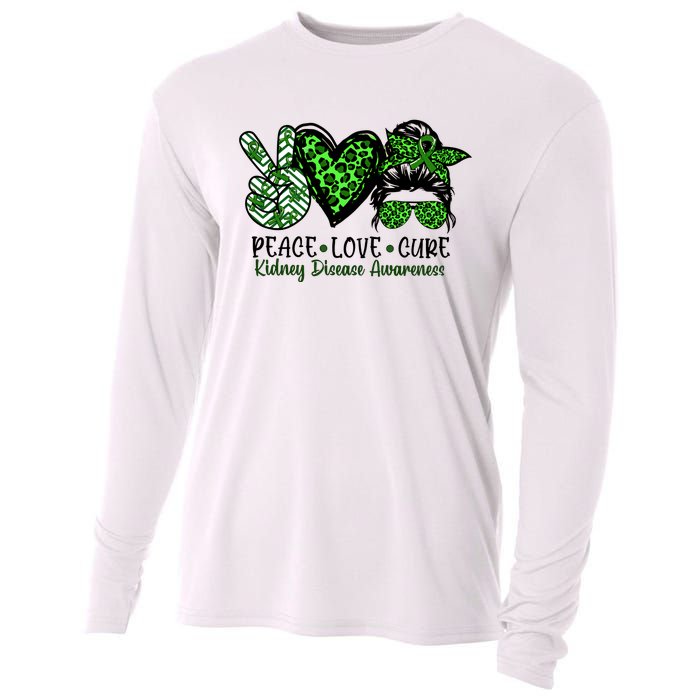 Kidney Disease Awareness Peace Love Cure Green Ribbon Messy Bun Kidney Cooling Performance Long Sleeve Crew