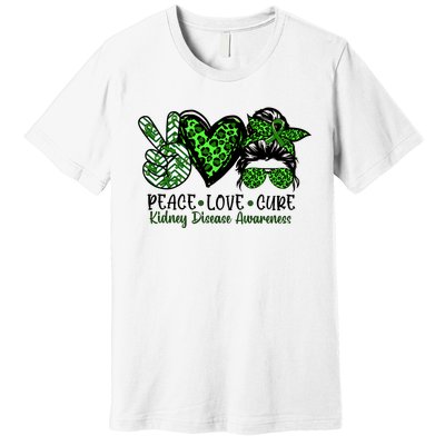 Kidney Disease Awareness Peace Love Cure Green Ribbon Messy Bun Kidney Premium T-Shirt