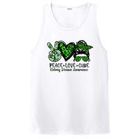 Kidney Disease Awareness Peace Love Cure Green Ribbon Messy Bun Kidney PosiCharge Competitor Tank