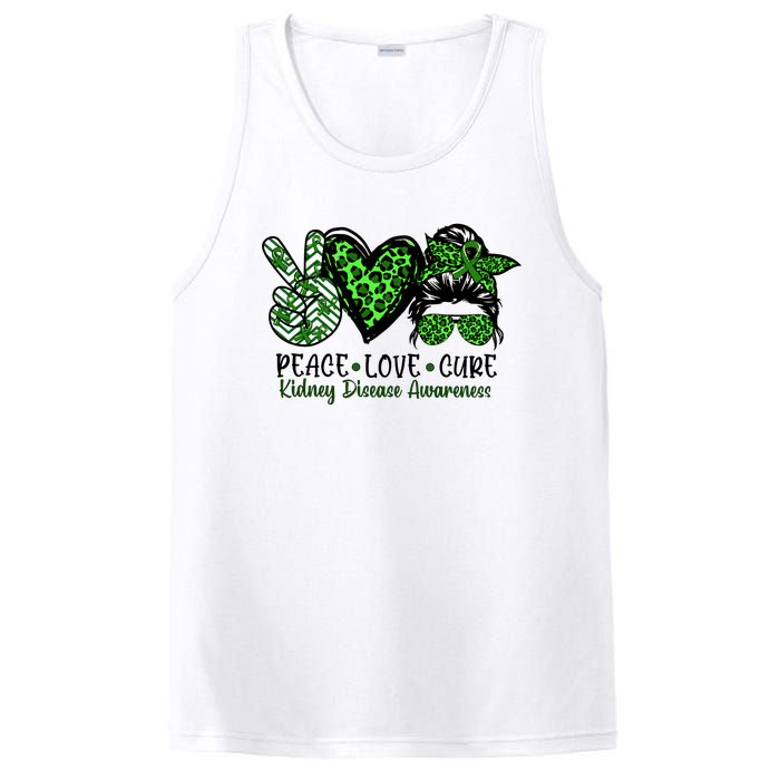 Kidney Disease Awareness Peace Love Cure Green Ribbon Messy Bun Kidney PosiCharge Competitor Tank