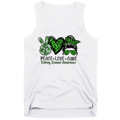 Kidney Disease Awareness Peace Love Cure Green Ribbon Messy Bun Kidney Tank Top