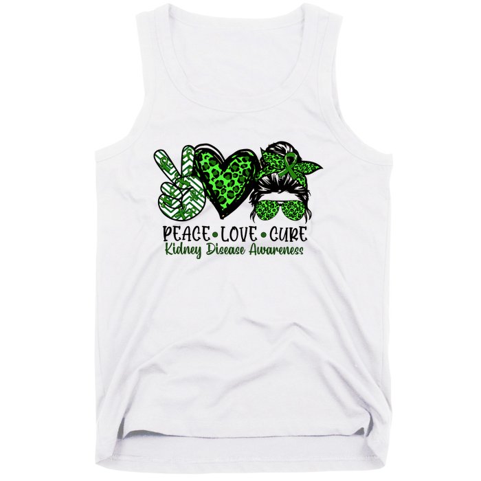 Kidney Disease Awareness Peace Love Cure Green Ribbon Messy Bun Kidney Tank Top