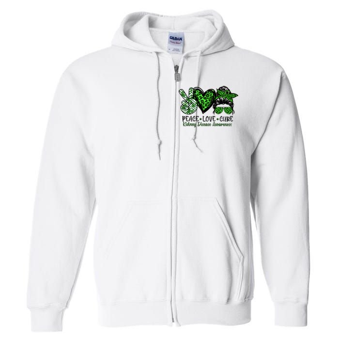 Kidney Disease Awareness Peace Love Cure Green Ribbon Messy Bun Kidney Full Zip Hoodie