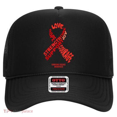 Kawasaki Disease Awareness Ribbon With Words High Crown Mesh Back Trucker Hat