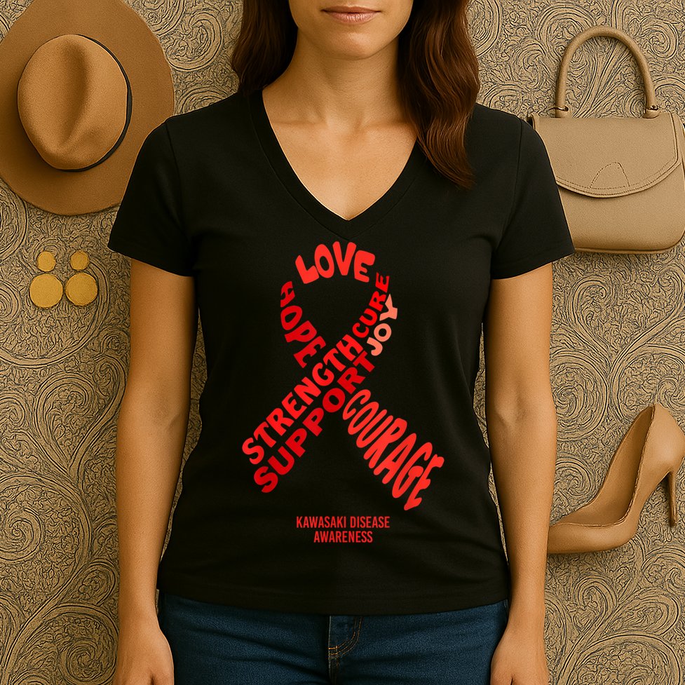 Kawasaki Disease Awareness Ribbon With Words Women's V-Neck T-Shirt
