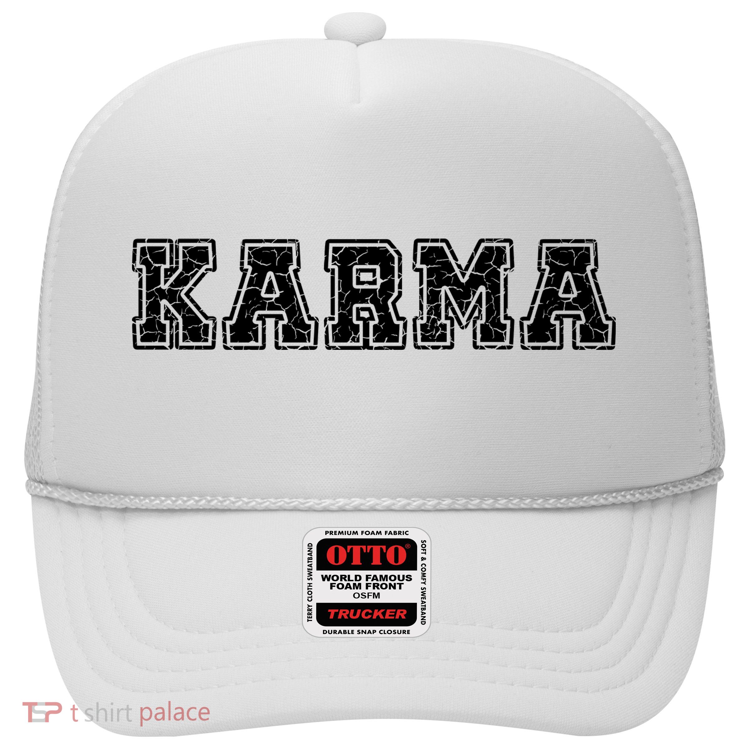 Karma Destressed Font Trucker Hat