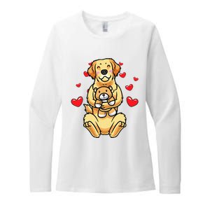 Kawaii Dog Golden Retriever Stuffed Animal And Hearts Womens CVC Long Sleeve Shirt