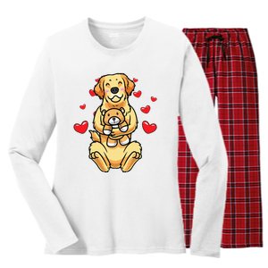 Kawaii Dog Golden Retriever Stuffed Animal And Hearts Women's Long Sleeve Flannel Pajama Set 