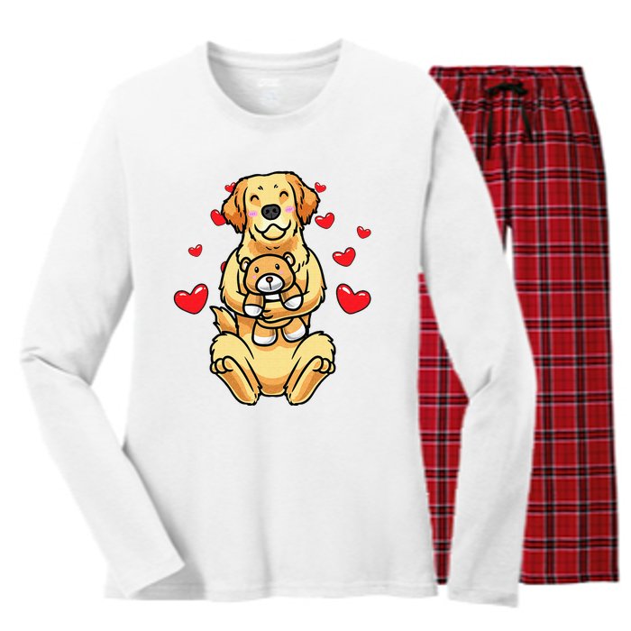 Kawaii Dog Golden Retriever Stuffed Animal And Hearts Women's Long Sleeve Flannel Pajama Set 