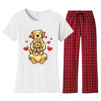 Kawaii Dog Golden Retriever Stuffed Animal And Hearts Women's Flannel Pajama Set