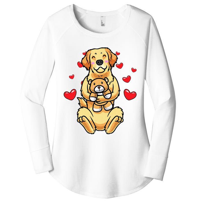 Kawaii Dog Golden Retriever Stuffed Animal And Hearts Women's Perfect Tri Tunic Long Sleeve Shirt