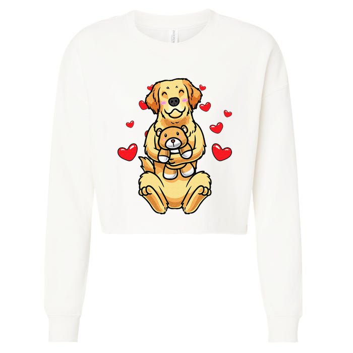 Kawaii Dog Golden Retriever Stuffed Animal And Hearts Cropped Pullover Crew