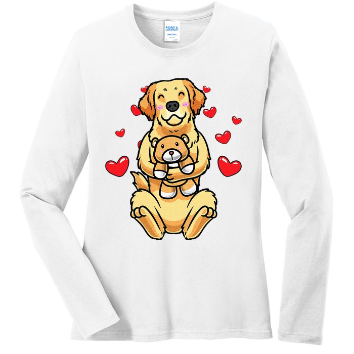 Kawaii Dog Golden Retriever Stuffed Animal And Hearts Ladies Long Sleeve Shirt