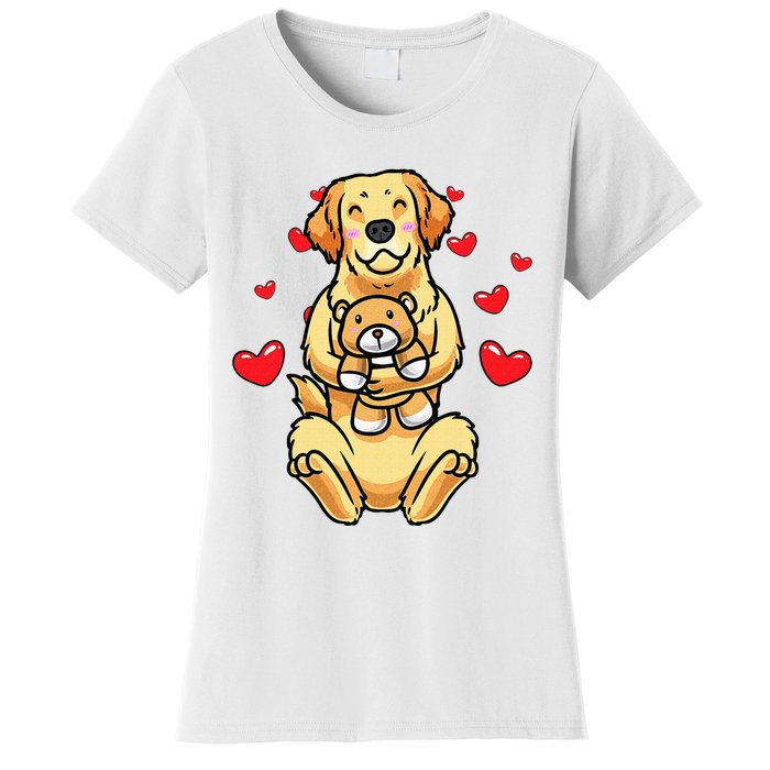 Kawaii Dog Golden Retriever Stuffed Animal And Hearts Women's T-Shirt