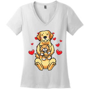 Kawaii Dog Golden Retriever Stuffed Animal And Hearts Women's V-Neck T-Shirt