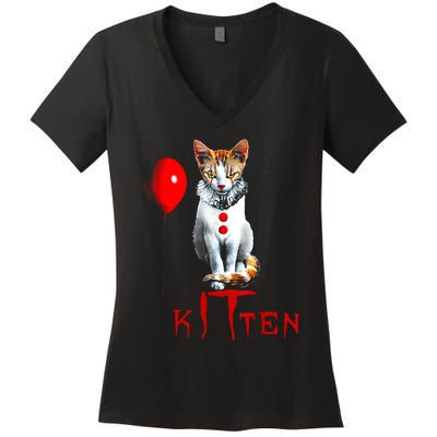 Kitten Dont Look At Me Cat Clown Balloon Halloween Women's V-Neck T-Shirt