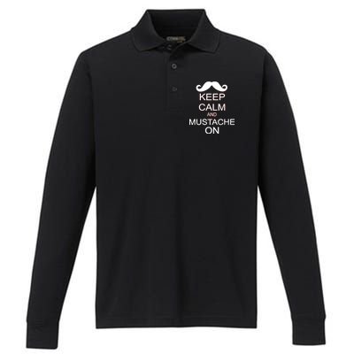 Keep Calm And Mustache On Performance Long Sleeve Polo