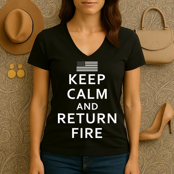 Keep Calm and Return Fire 2nd Amendment Women's V-Neck T-Shirt