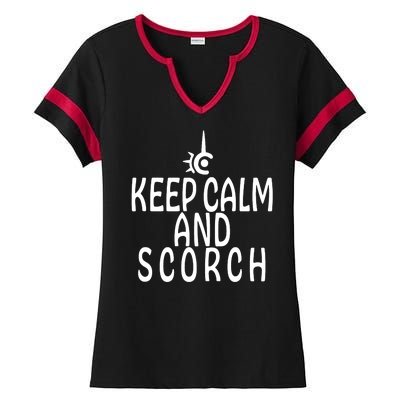 Keep Calm And Scorch FF14 Red Mage Ladies Halftime Notch Neck Tee