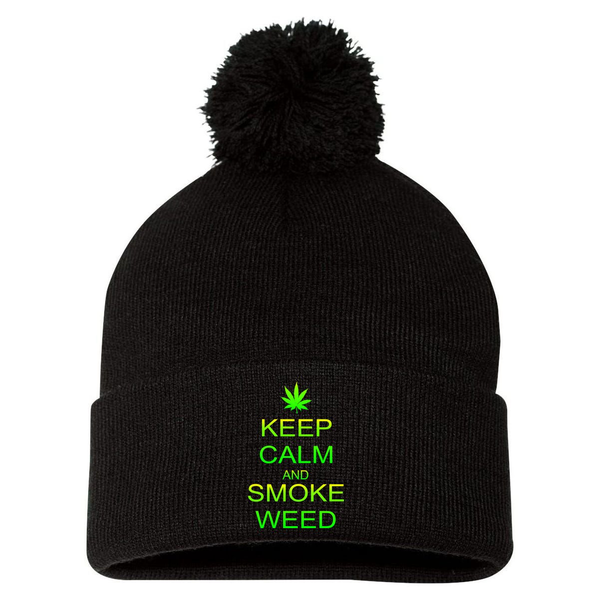 Keep Calm And Smoke Weed Pom Pom 12in Knit Beanie
