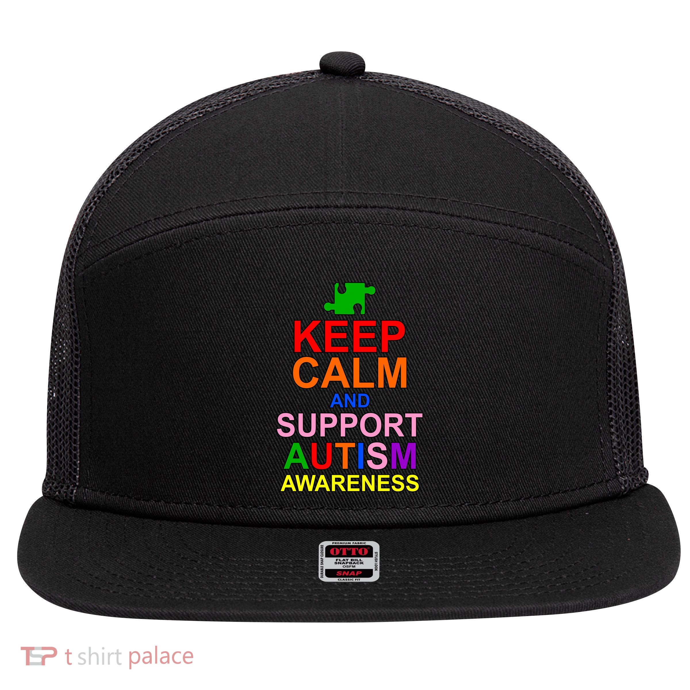 Keep Calm And Support Autism Awareness 7 Panel Mesh Trucker Snapback Hat