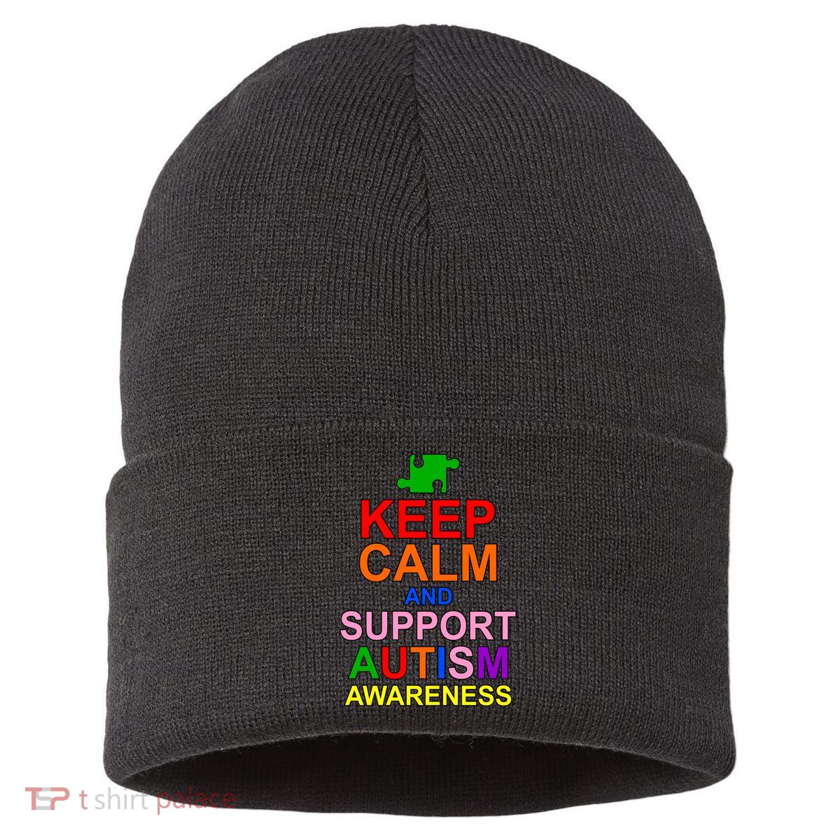 Keep Calm And Support Autism Awareness Sustainable Knit Beanie