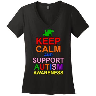 Keep Calm And Support Autism Awareness Women's V-Neck T-Shirt