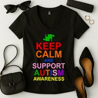 Keep Calm And Support Autism Awareness Women's V-Neck T-Shirt