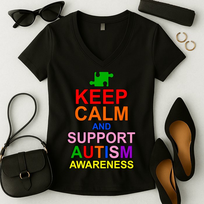 Keep Calm And Support Autism Awareness Women's V-Neck T-Shirt