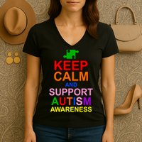 Keep Calm And Support Autism Awareness Women's V-Neck T-Shirt