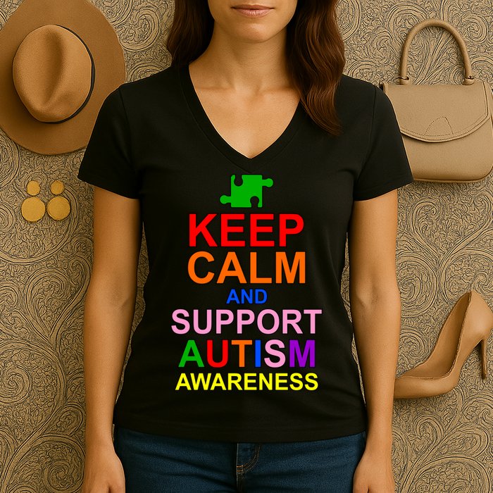 Keep Calm And Support Autism Awareness Women's V-Neck T-Shirt