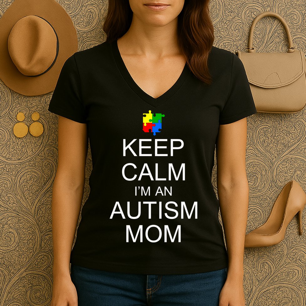 Keep Calm Autism Mom Awareness Women's V-Neck T-Shirt
