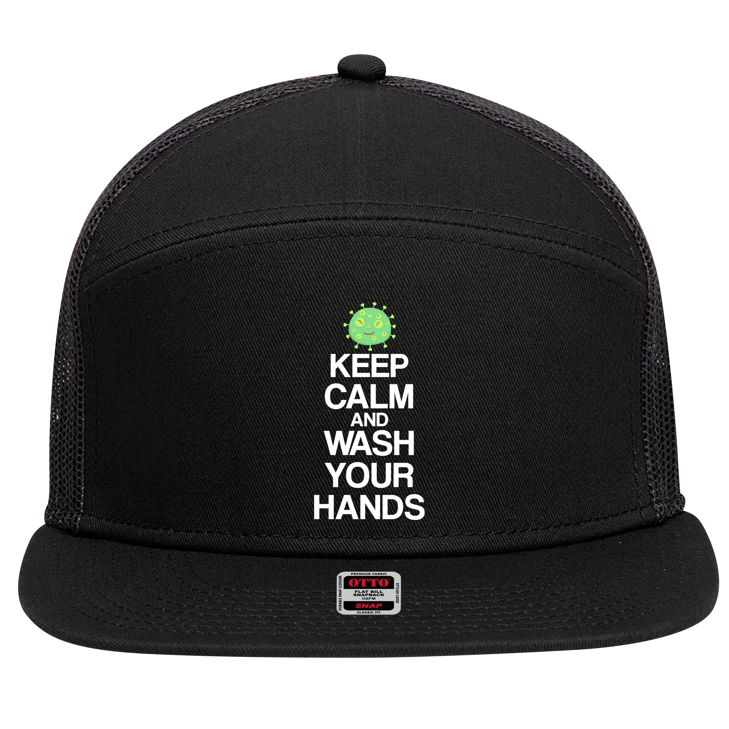 Keep Clam And Wash Your Hands 7 Panel Mesh Trucker Snapback Hat