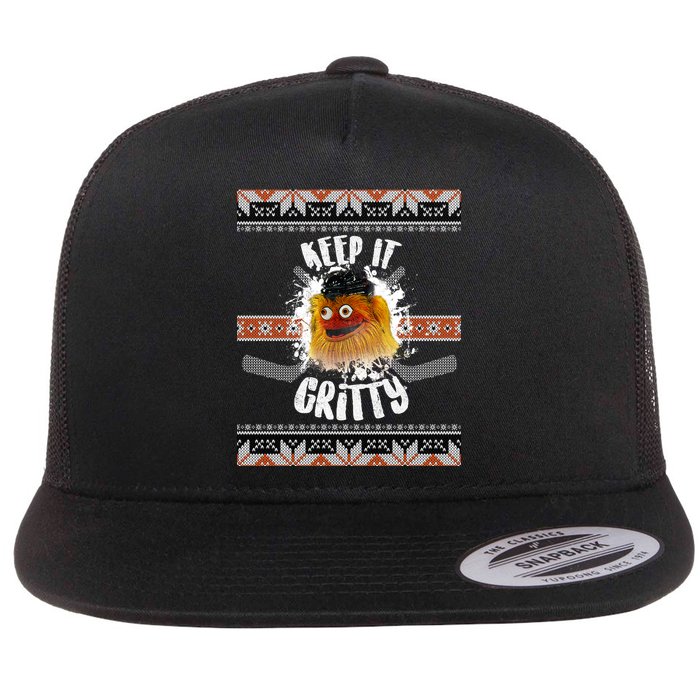 Keep It Gritty Ugly Christmas Sweater Flat Bill Trucker Hat