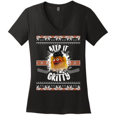 Keep It Gritty Ugly Christmas Sweater Women's V-Neck T-Shirt