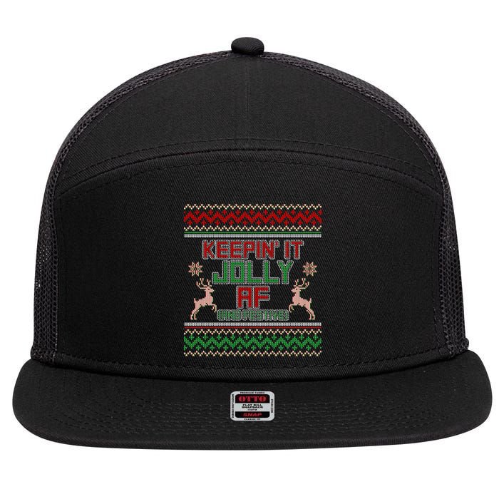 Keepin' It Jolly AF And Festive Ugly Sweater Christmas 7 Panel Mesh Trucker Snapback Hat
