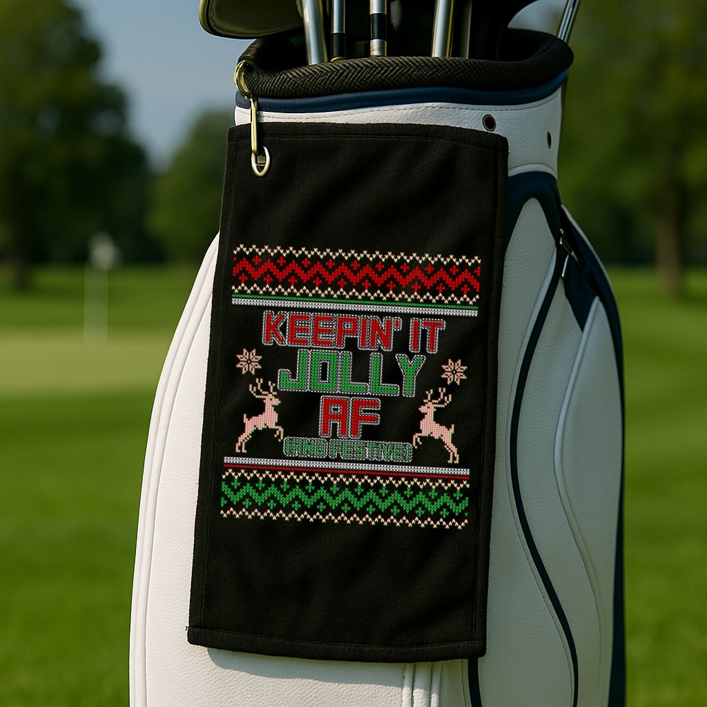Keepin' It Jolly AF And Festive Ugly Sweater Christmas Golf Towel
